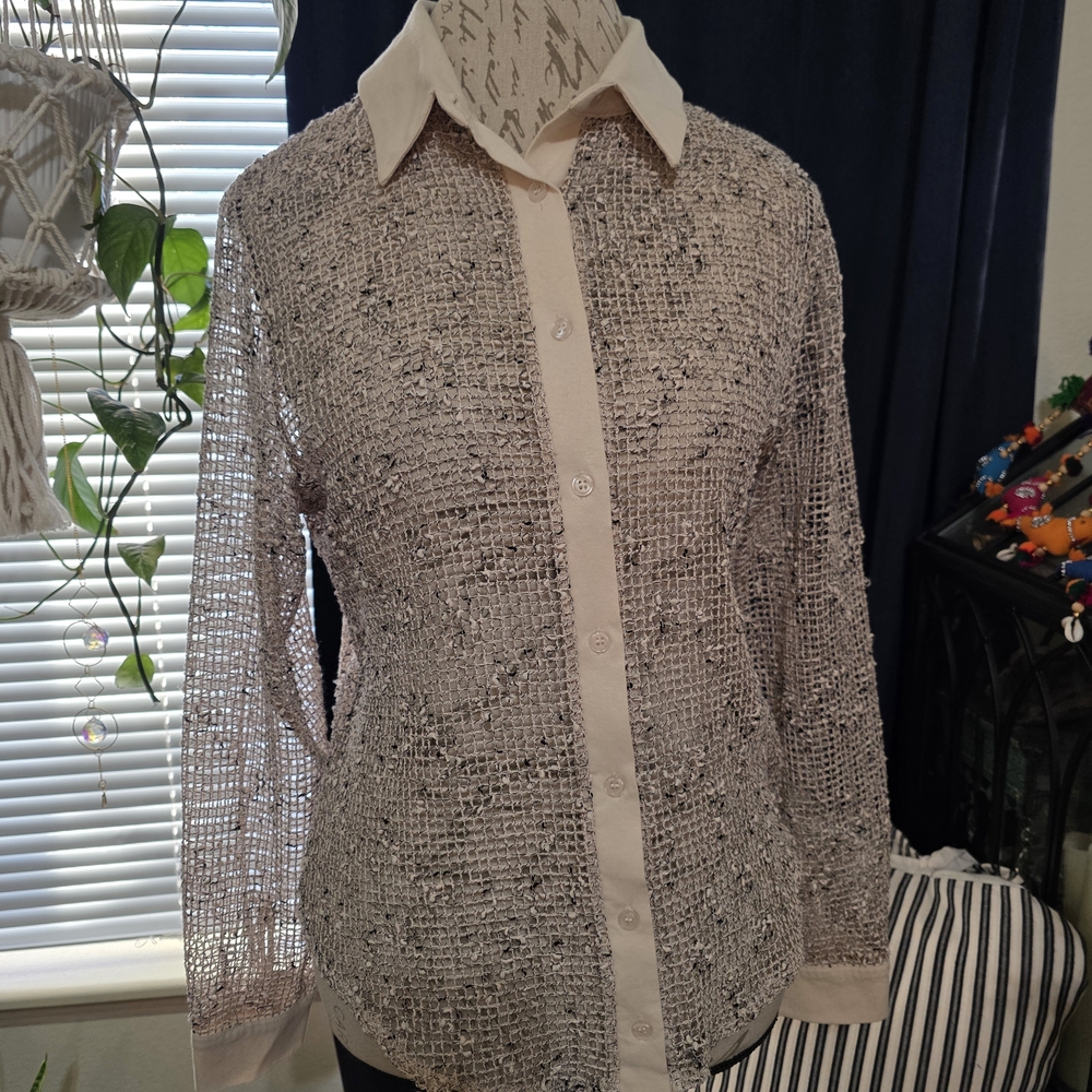 Collared Button Down Mesh Lightweight Cream Top